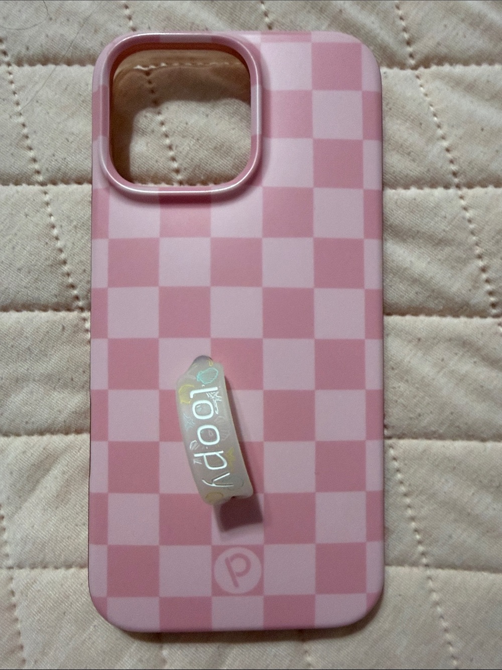 Loopy IPhone 16 ProMax Pink Checkered Phone Case with Pop Grip